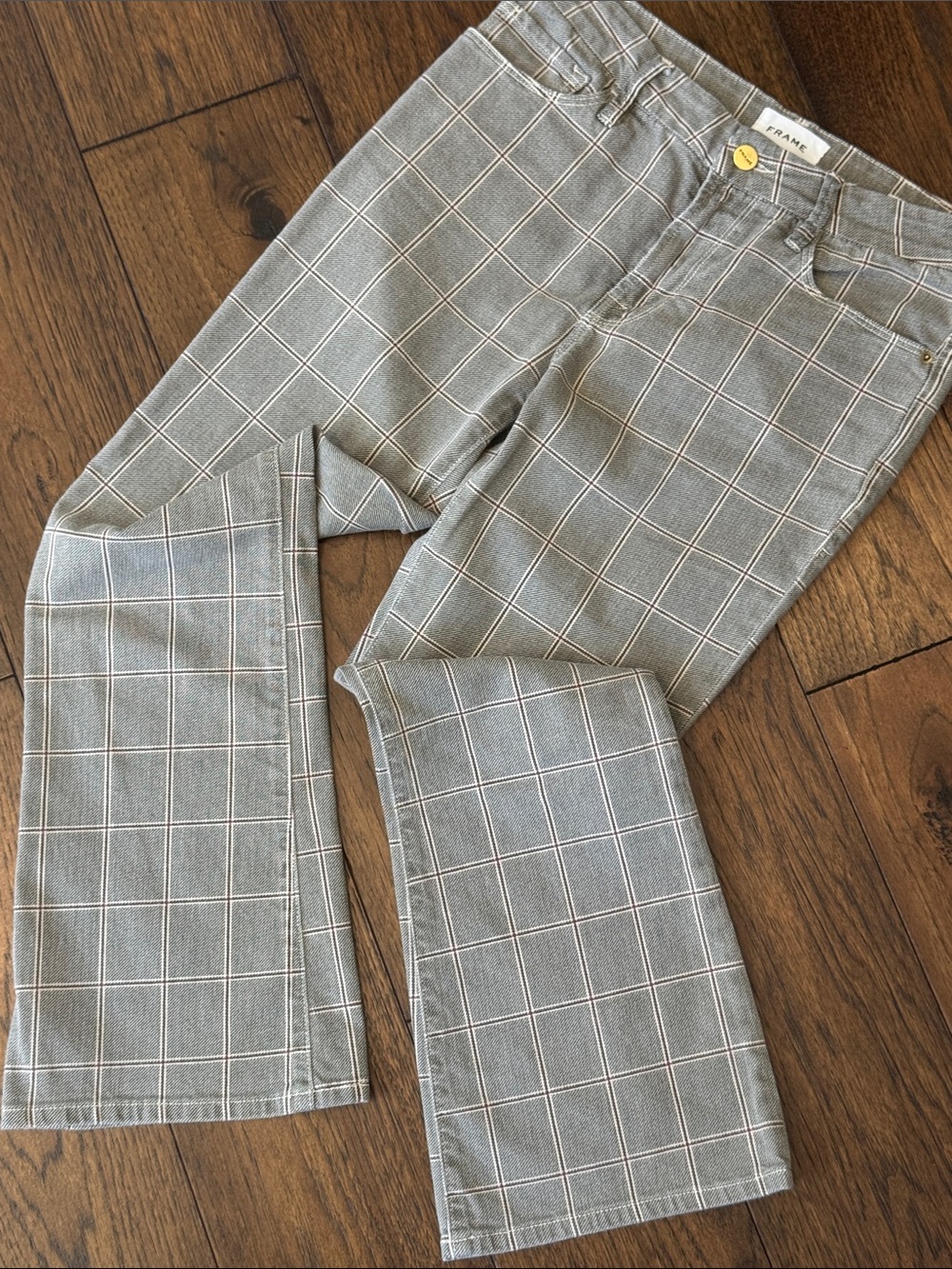 FRAME Le Crop Plaid Mini Boot Pants in Gray and White with Brown Accents